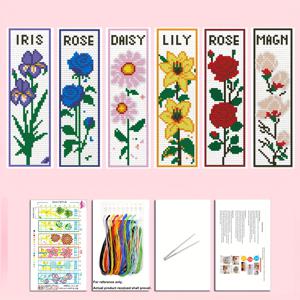 TEMU 프린트된 십자수 키트 세트 (6개 북마크 포함) - 다양한 꽃무늬가 11CT 원단에 프린트된 플로럴 아트 세트 (사선 실 3개 포함)