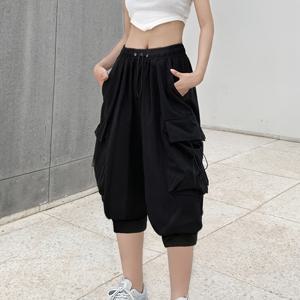 TEMU 여성용 하이웨이스트 카고 요가 팬츠 사이드 포켓 & 조절 가능한 허리끈 - 가벼운 통기성 여름 운동 레깅스, 루즈핏 캐주얼 애슬레틱 웨어, 비침투적 원단