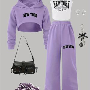 TEMU 고평가받은 여아용 NEW YORK 긴소매 후드 크롭 스웨트셔츠, 탱크탑, 긴 바지 캐주얼 패션 스포츠 아웃도어 3종 세트, 여아 교복, 학교용 상의, 여아용 신학기 의상, 학교용 십대 여아 의류, 십대용 신학기 옷, 야외 활동에 최적
