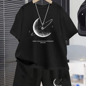 TEMU 청소년용 문 패턴 캐주얼 여름 반팔 세트, 5-6세, 6-7세, 8-10세, 12-14세, 14-16세용 아웃도어 스포츠 티셔츠와 쇼츠 투피스 의상 - 액세서리 미포함