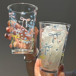 TEMU 하트 모양 리본 유리컵 2개 세트, 밀크티 및 주스컵, 커피컵, 아이스크림컵, 뒤집개형 투명 아침 식사용 컵, 여아용 음료컵, 명절 선물