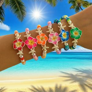 TEMU 해변 바캉스 스타일의 폴리머 클레이 꽃, , 모조 진주가 특징인 6개 조절 가능한 팔찌 세트. 발렌타인데이, 어버이날, 추수감사절, 친구, 파트너, 어머니를 위한 선물로 완벽합니다.