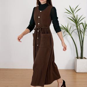 TEMU 2025 가을/겨울 레이스업 슬림핏 조끼 롱 드레스, 미디 길이 캐주얼 바캉스 드레스