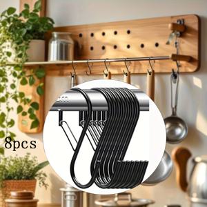 TEMU 안전 잠금 장치가 있는 튼튼한 금속 S자 고리 8개 세트 - 주방, 욕실, 세탁실 및 정원 사용에 적합한 대형 곡선형 검정색 S자 고리 - 주방 도구, 냄비, 식물, 청바지를 걸기 위한 내구성 있는 고리