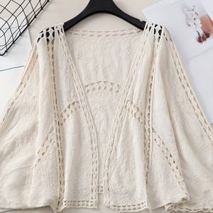 TEMU 스타일 홀아웃 크로셰 자수 V넥 삼분의 일 소매 얇은 가디건 탑