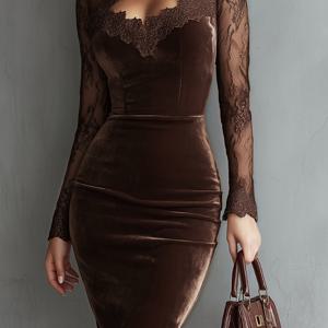 TEMU 여성용 빈티지 레이스 머저드 드레스 - 우아한 바디콘 이브닝 가운, 허리 슬림핏, 세탁기 사용 가능한 파티 웨딩 프롬 드레스