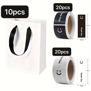 TEMU 남녀를 위한 선물 50개 흰색 선물 가방 (흑백 스마일리 얼굴 감사 스티커 포함) - 고품질, 접이식 평면 디자인, 손잡이 포함, 소매점, 이벤트에 적합, 대용량 보관, 선물 포장, 엘레강스 디자인