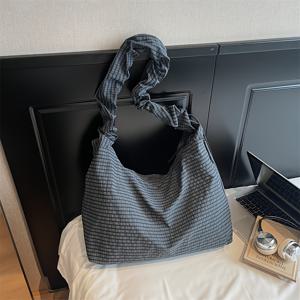 TEMU 여성용 대용량 토트백 - 일본/한국 라인 호환, 레트로 체크 쇼퍼백, 와이드 러치드 스트랩, 그리드 패턴, 지퍼 클로저 & 한국 스타일 핸드백