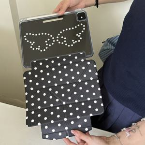 TEMU 아이패드 11세대 태블릿 보호 커버에 적합한 한국 스타일 블랙 물방울 무늬 윙 버클 3+Y 폴드 아크릴 케이스, 펜슬 슬롯이 있는 10세대 에어 7/6용 새로운 귀여운 디자인, 11인치 여성용 태블릿 컴퓨터 케이스 (가림 방지)