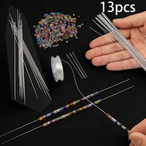 TEMU 13개의 초미세 비즈 바늘과 1롤 10개의 탄성 비즈 실, 초미세 비즈 바늘 | 슬림 목걸이와 팔찌 바늘, 다양한 비즈 공예에 적합, 슬림 바늘 10cm, DIY 수제 목걸이와 팔찌 실꿰기용 비즈 바늘, 모든 유형의 비즈 공예에 적합, 보관 튜브 포함