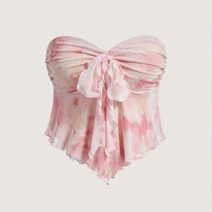 TEMU 여성용 스타일리시 핑크 그라데이션 프린트 앞면 매듭 탄성 메쉬 크롭 탑