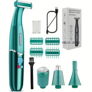 TEMU 568G 그린 다기능 전기 제모기 및 면도기, 여성용으로 설계되었으며 USB 충전식 600mAh 배터리를 특징으로 하며, 습식 및 건식 사용 모두에 안전하며 비키니 라인 및 전신 트리밍을 위한 교체 가능한 헤드가 포함되어 있습니다.