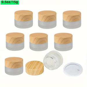 TEMU 8개 세트의 프로스트 유리 병, 0.5 Oz, 1 Oz, 1.7 Oz 사이즈로 제공되며, 나무 질감의 플라스틱 뚜껑이 특징입니다. 이 재사용 가능한 화장품 용기는 로션, 에센셜 오일, 크림, 립밤, 아이섀도우 (50G, 30G, 15G)에 적합합니다.