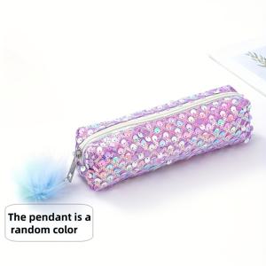 TEMU 컬러풀 글리터 시퀸 펜슬 케이스와 폼폼 참 장식이 달린 지퍼 멀티용도 수납 가방, 메이크업 파우치