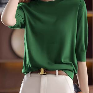 TEMU 여성용 고밀도 방적 라운드넥 미디엄 슬리브 탑, 새로운 봄/가을 빈티지 엘레강스 탑, 다섯 부분으로 나뉘는 소매의 베이스 레이어 셔츠