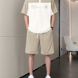 TEMU 여름 남성 스포츠 세트 2pcs: 반팔 + 반바지 투피스 세트, 청소년 학생 캐주얼 2버튼 셔츠 세트, 레터링 컬러 블록 세트, 러닝 스포츠웨어, 해변 휴가 의류