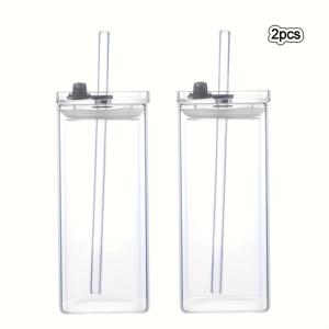 TEMU 2개 세트 사각형 유리컵 + 뚜껑, 휴대용 음료잔, 커피잔으로 완벽한 선택 (유리컵 뚜껑/빨대 포함), 머그컬렉터를 위한 선물, 사무실·가정·학교·야외에서 사용하기 적합