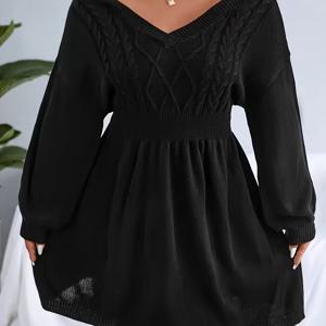 TEMU 플러스 사이즈 - 플러스 사이즈 - 플러스 사이즈 여성 솔리드 컬러 랜턴 슬리브 허리 묶음 숏 캐주얼 스웨터 드레스