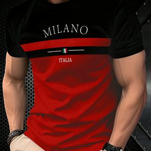 TEMU 세련된 밀라노 스타일 패치워크 반팔 티셔츠 - 클래식한 블랙 앤 레드 디자인, 라운드넥과 'MILANO' 프린트가 특징이며 스타일리시한 룩을 연출하며 여름 남성 의류로 완벽합니다.