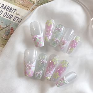 TEMU 파stori얼 컨트리 스타일의 모양 누拔式 인조네일 10개, 더 하얗고 세련된 룩을 위한 도파민을 유발하는 페인팅 리본 포함. 탈부착식 신선한 봄꽃 수제 누拔式 인조네일, 우아한 효과의 새로운 부드럽고 신선한 고급 민트 네일. 여성에게 적합하고 재사용 가능한 누添加式 네일 액세서리, 패셔너블하고 내구성 있는 단색 네일 아트