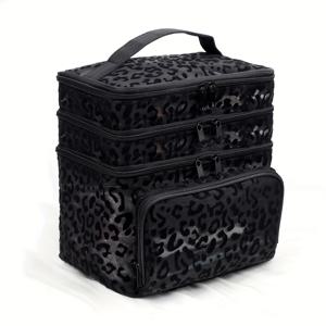 TEMU 심플하고 스타일리시한 프린트 패턴 메쉬와 블랙 조합. 편리한 멀티 포켓 탑핸들 디자인의 대용량 다기능 3단 화장품 가방. 휴대가 간편한 투명 배수형 세면도구 가방이 있는 다기능 접이식 수납 파우치. 일상 외출, 여행, 학생, 가정용으로 적합. 다중 수납 구획 디자인.