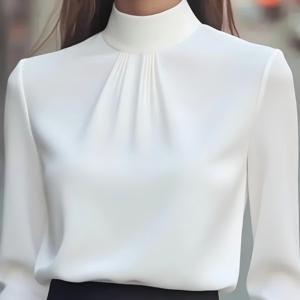 TEMU 여성용 하이넥 우아한 긴팔 셔츠, 출퇴근 및 직장에서 입기 좋은 봄가을용 여성 셔츠