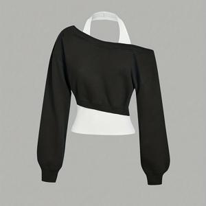 TEMU 엘레강스 디렉셔널 여성용 블랙 오프숄더 2-in-1 스웨트셔츠 가을/겨울용