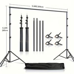 TEMU 배경 스탠드 9.84x9.19피트, 6.56x6.56피트 너비 x 높이, 조절 가능, 철제, 헤비듀티 사진 배경 스탠드, 배경 클립 4개 포함, 파티, 웨딩 이벤트 장식 및 사진 스튜디오 사용에 적합