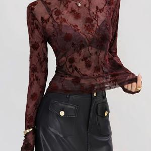 TEMU 우아한 크루넥 벨벳 플로럴 프린트 긴팔 블라우스 | 2025 가을 신상 여성용 시어 메쉬 탑, 스키니 핏, 레귤러 길이