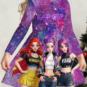 TEMU K팝 한국 애니메이션 캐릭터 만화 소녀 피규어 패턴 반짝이는 별 가운 긴팔 드레스, 패션 프린트 공주 드레스, 여아용 귀여운 만화 캐주얼 크리스마스 파티 할로윈, 라운드넥 풀오버 캐주얼 가을/겨울 스포츠 및 아웃도어 데일리 휴일용 귀엽고 아름다운 드레스