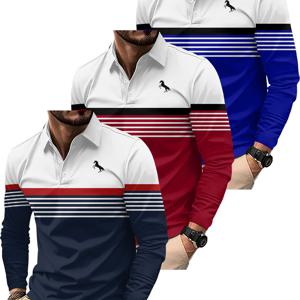 TEMU 3pcs 남성용 긴팔 폴로 셔츠 세트. 컬러 블록 테마, 3D 디지털 프린트, 데일리 패턴이 특징이며, 모든 성인 남성 및 십대 남학생에게 적합합니다.