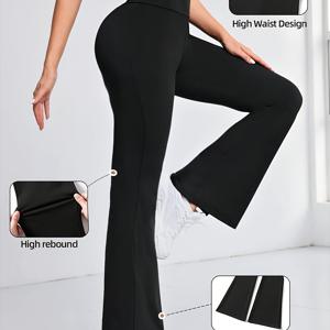 TEMU 여성용 하이웨이스트 와이드 레그 플레어 팬츠 - 힙 리프팅 복부 컨트롤, 솔리드 블랙 탄력성 허리 레깅스, 댄스, 캐주얼 웨어, 논-풀 레그 팬츠