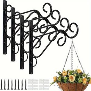 TEMU 벽걸이 브래킷 4개 세트, 튼튼한 금속 후크 (식물용), 실내외 모두 사용 가능한 빈티지 스타일 후크, 정원 바구니, 랜턴, 잔디등, 화분 걸이용 나사 포함, 크기: 24.99X19.99Cm (블랙)