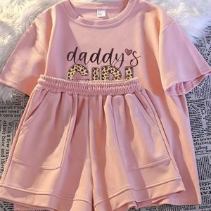 TEMU 여아 여름 세트 2025 여름 신상 빅 루즈핏 반팔 티셔츠 한국 스타일 반바지 투피스 세트, 야외용