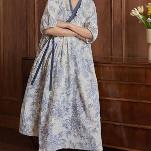 TEMU 2025년 신상 홈웨어 드레스, 패딩 내장, 미디 길이 블루 앤 화이트 플로럴 타이업 기모노 로브, 부드럽고 피부 친화적, 산뜻한 파스토럴 스타일