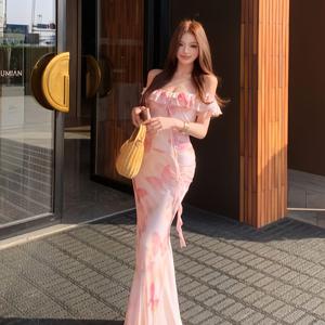 TEMU 여성용 원숄더 반팔 원피스, 러플 헴, 나비 프린트, 핏팅한 실루엣으로 여름에 완벽