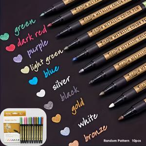 TEMU 10개입 메탈 마커 - 고품질, 생생한 색상: 그린, 크림슨, 퍼플, 라이트 그린, 블루, 실버리, 블랙, 골든, 화이트, 브론즈. 드로잉, 공예, 카드 만들기, 스크랩북, DIY 앨범용 미디엄 팁. 패셔너블 캡 디자인의 내구성 있는 플라스틱 펜 공예 용품