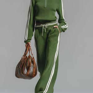 TEMU 봄, 가을, 겨울 여성용 패브릭 풀오버와 팬츠 세트, 사이드 대비 디자인, 하프 지퍼 캐주얼 루즈핏, 우아한 스트리트 스타일, 출퇴근 및 오피스용, 세탁기 및 손세탁 가능