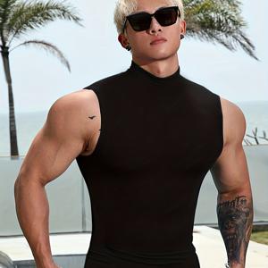 TEMU Xingmengzhi OBM 아메리칸 스타일 트렌디 하프 터틀넥 조끼, 남성용 속건성 민소매 베이스 레이어 스포츠 조끼