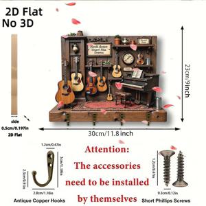 TEMU 2D 평면 1개 빈티지 음표와 트레블 클레프 벽걸이 키홀더 - 대형 나무 후크와 4개의 금속 후크, 우드톤 현관/파티 정리함, 홈, 오피스, 크리스마스/할로윈 선물, 키체인 장식, 전원 불필요, 2D 평면