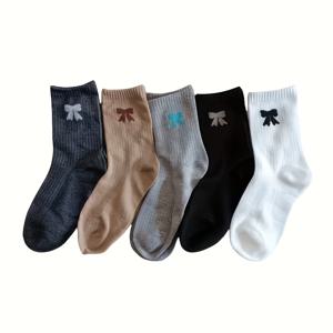 TEMU 나비매듭 자수가 있는 여성용 중목 양말 5켤레, 가을 겨울용 두껍고 따뜻한 일본식 트렌디 롱 양말