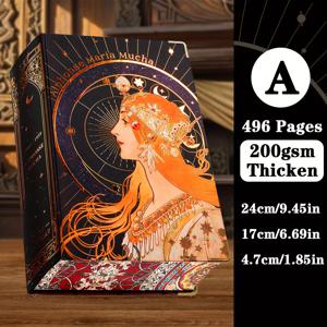 TEMU B5, 496페이지, 알폰스 무스키아, 빈티지 엑스트라 두꺼운 하드커버 스케치북, 노트북, 클래식 유화 필스탬프 커버, 하드커버 수첩, 빈 페이지, 다이어리, 마커 드로잉, 이상적인 선물