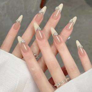 TEMU 여성을 위한 뾰족한 프렌치 스타일 누름식 네일 팁, 달콤하고 소녀스러운 롱 네일 스티커, 스위트하고 순수한 밀키 화이트 라인스톤, 우아하고 은은한 탈부착식 누름식 네일, 웨딩 브라이덜 네일 아트, 바로 붙이는 인조 손톱