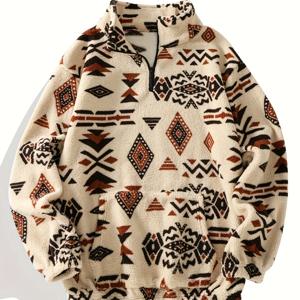 TEMU 빈티지 패턴 스웨트셔츠, 스타일리시하고 따뜻한 후드티, 스탠드업 칼라 스웨트셔츠, 후드티