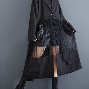 TEMU 여성용 캐주얼 단색 컬러 트렌치 코트, 폴리에스테르 100% 250g/m² 직조 직물, 긴 소매 대비 메쉬 디테일, 빈티지 스타일 슬리밍 아우터웨어