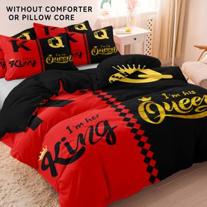 TEMU 3pcs 발렌타인데이 이불 커버 세트 (이불 커버 1개 + 베갯잇 1/2개, 속통 미포함), 스타일리시한 블랙 앤 그레이 왕관 디자인 프린트 침구 세트, 부드럽고 통기성 좋은 이불 커버, 여성 및 남성 침실, 게스트 룸 및 호텔에 적합