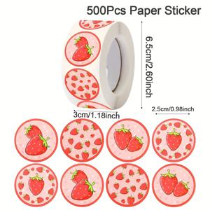 TEMU 500개 핑크 딸기 라운드 스티커 롤, 귀여운 테마 자체 접착식 종이 데칼 - 물병, 노트북, 휴대폰, 캐리어용 재사용 가능한 라운드 모양 파티 만화 테마 스티커