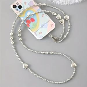 TEMU 하트 모양 비즈 디자인의 은색 체인 폰 스트랩. 크로스바디 착용 가능. 긴 은색 펜던트로 휴대폰 분실 또는 낙하 방지 효과가 있으며, 휴대폰, 헤드폰, 카메라, 가방 등에 적합합니다.