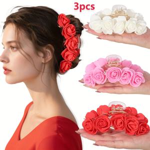 TEMU 3개 세트 컬러풀 폼 장미 머리집게 세트, 웨딩 레드 장미 머리집게, 스타일 꽃머리집게, 상어집게, 데일리웨어 및 웨딩 파티용