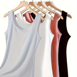 TEMU 플러스 사이즈 여성용 솔리드 컬러 탱크 탑 4종 세트. 봄, 여름 레이어링에 완벽합니다. 이 민소매 셔츠는 부드럽고 통기성이 좋은 여성 속옷 및 란제리용 카미솔로 적합합니다.